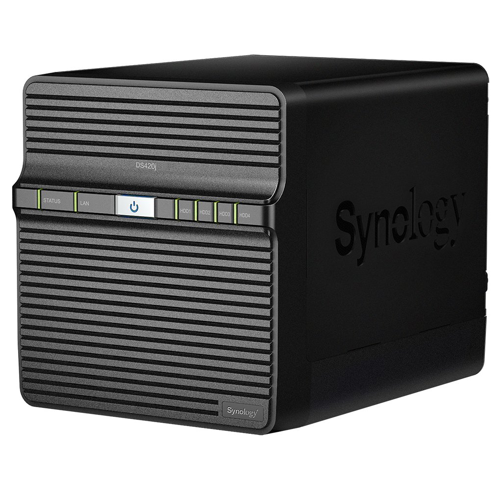 SYNOLOGY DiskStation DS420j 4-Bay NAS with sleek design and multiple drive bays for data storage.